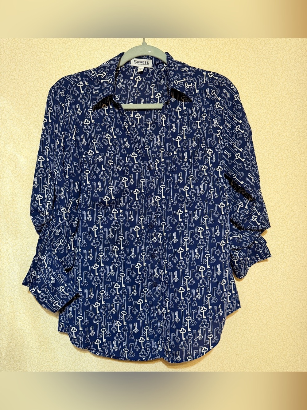Express Navy Button-Down Shirt with White Key Print